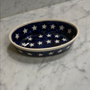 BOLESLAWIEC Pottery Blue Oval Dish with White Stars